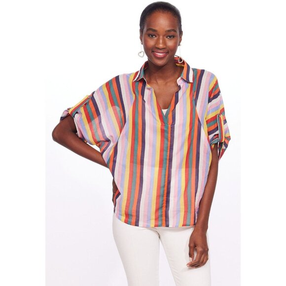 Eva Franco Collared Neck Short Sleeve Summer Top with Stripe NWT - Picture 3 of 3